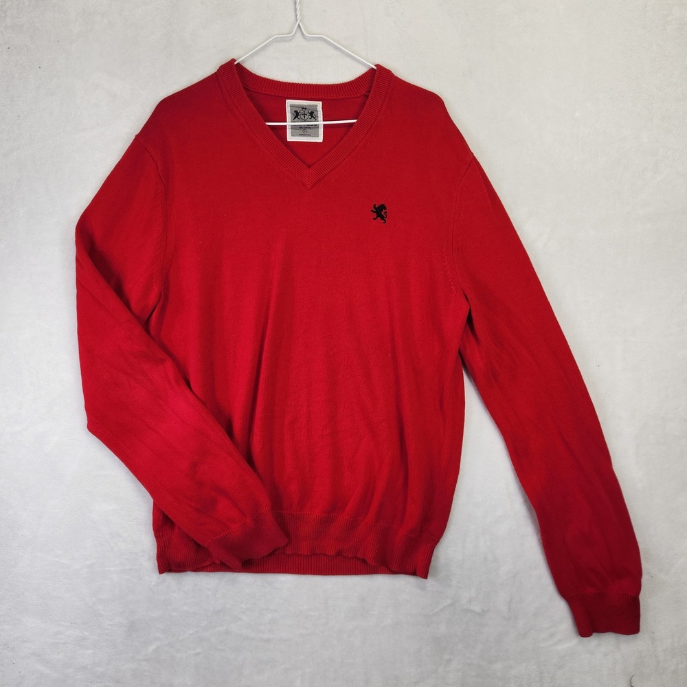 Express Mens V-Neck Sweater Red 100% Cotton Lion‎ Logo Long Sleeve Large